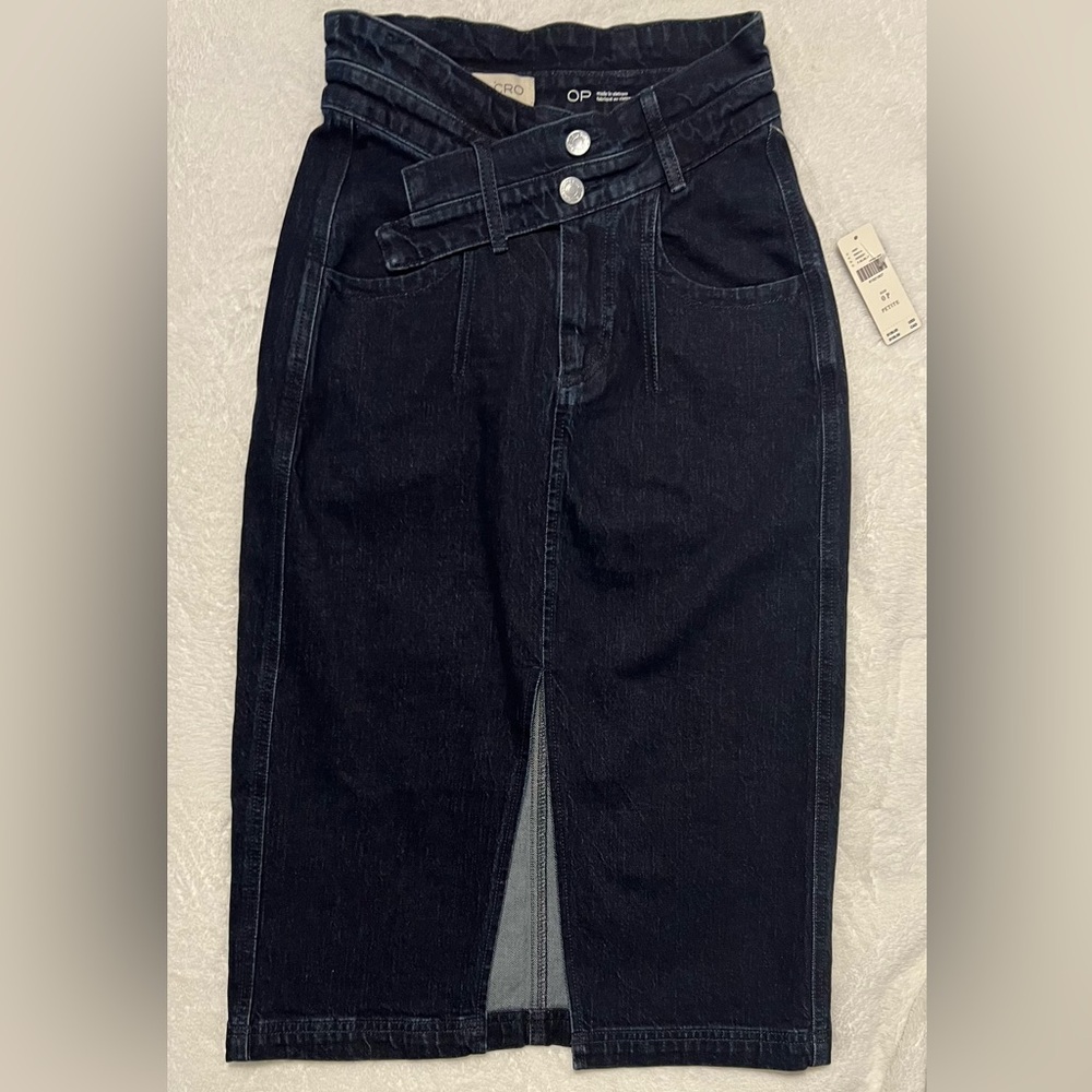 Anthro Pilcro Letterpress Asymmetrical Double Waist Denim Skirt Size 0 NWT - Picture 2 of 5